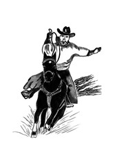 Watercolor black and white sketch a cowboy on horseback,rodeo cowboy riding a wild horse,ink drawing,isolated on a white background.