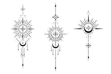Set of blackwork tattoo with sun, moon, star. Sacred geometry tattoo design, mystic symbol. New school dotwork, line art minimalist style tattoo. Boho design. Print, posters, t-shirts and textiles.