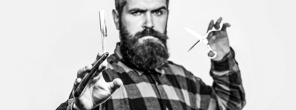 Beard man, bearded male. Portrait beard man. Barber scissors and straight razor, barber shop. Vintage barbershop, shaving. Mens haircut. Barber scissors and straight razor, barber shop