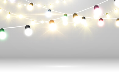Christmas bright, beautiful lights, design elements. Glowing lights for design of Xmas greeting cards. Garlands, light Christmas decorations.	