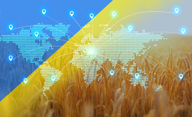 Ukraine has begun exporting wheat, grain reserves worldwide. Stop  food crisis. Unlocking grain exports to Ukraine.Solving export logistics - obrazy, fototapety, plakaty