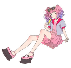 アイスキャンディを食べているピンク色の髪の毛の女の子