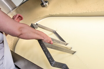Artisanal cheese making, cutting the curd and whey in the factory tank