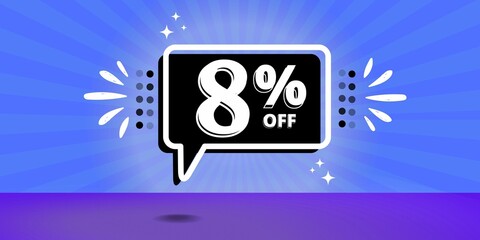 8% off limited special offer. Banner with eight percent discount on a blue background with a balloon black and white