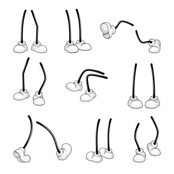 Comical Legs and Cartoon Feet in White Shoes Performing Various Movement Vector Set
