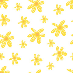 Simple yellow flowers, petals seamless, repeatable pattern, background. Nature, ecology, botanic and gardening concept backdrop