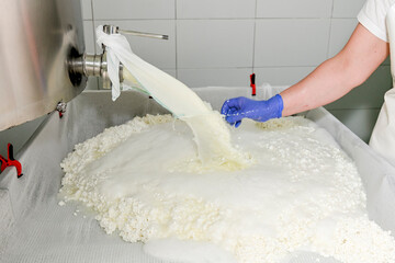 On the processing table, the whey is separated from the curd
