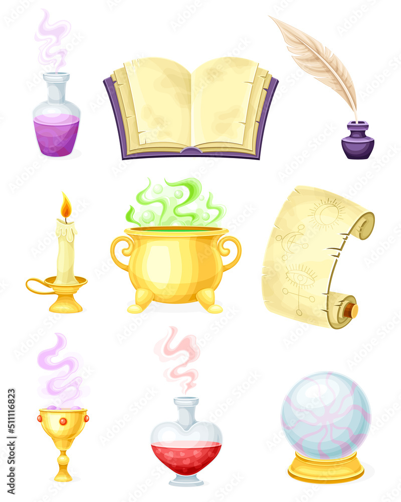 Aufkleber magical object and witchcraft equipment with cauldron, spellbook and jar with potion vector set