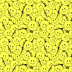 Funny smile crazy melted face seamless pattern art. Vector illustration psychedelic retrro graphic. Positive good vibes smiley faces, acid, high, melt, trip, wallpaper seamless pattern. Y2K aesthetic