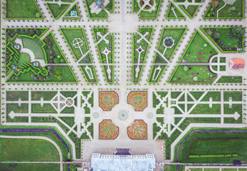 Aerial view on baroque garden of Rundale palace in summer time. Symmetrical park in vibrant green...