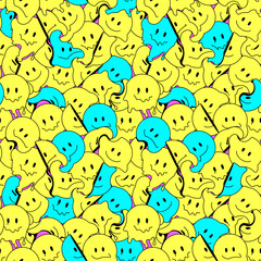 Funny smile crazy melted face seamless pattern art. Vector illustration psychedelic retrro graphic. Positive good vibes smiley faces, acid, high, melt, trip, wallpaper seamless pattern. Y2K aesthetic