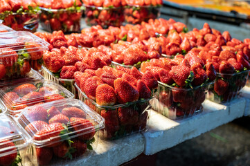 Top view of strawberry in the baskets, ready for sell in the fruit store. Concept of fresh fruit and diet. Spring time. Natural fruit strawberry background. Close-up.