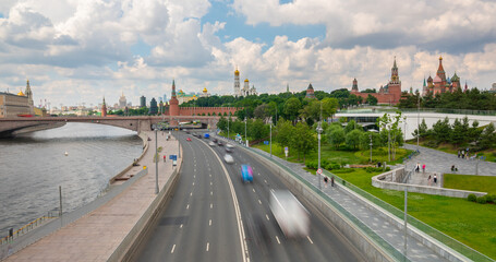 Fototapeta na wymiar Panorama of Moscow view of the Kremlin from the floating bridge of Zaryadye Park