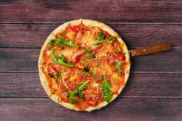 Pizza, traditional and authentic Italian pizza baked in wood fired oven. International pizza day