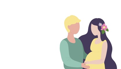 A couple of young people. Man and woman hold hands on a white background. Vector illustration in a flat style. Pregnant woman with husband