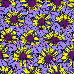 seamless floral pattern of yellow-blue sunflowers, bright repeating pattern, Ukrainian theme, texture