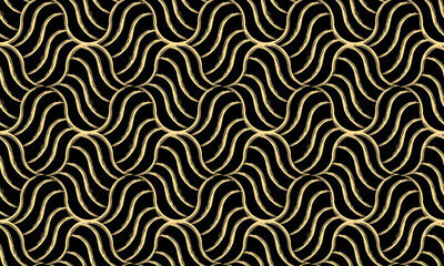 The geometric pattern with wavy lines. Seamless vector background. Gold and black texture. Simple lattice graphic design