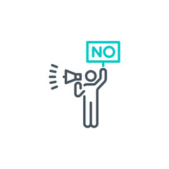 alone protester men with megaphone and poster no war single line icon isolated on white. Perfect outline symbol public demonstration strike. protester activist design element with editable Stroke line