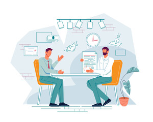 Business meeting to sign an employment contract or partnership documents. Successful business negotiations with contract signing and deal closing, job and partnership offer, vector isolated on white.