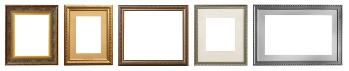 set of isolated antique frames gold gilding Silver on a white background