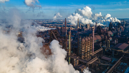 Fototapeta na wymiar metallurgical plant smoke from chimneys industry drone photography
