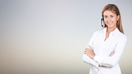 Happy young friendly woman IT support customer support agent hotline helpline worker in headset