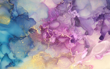 Abstract  blue and lilac watercolor Alcohol ink with gold glitter horizontal  panting background. Marble texture.