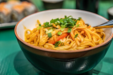 spaghetti bolognese pasta. Dish of pasta on a table in a restaurant.