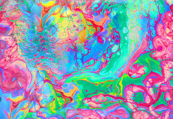 Psychedelic abstract background with mixed acrylic paints. Design Trend: Psych Out or Free form flow. Summer Color Trends, Attention-grabbing Palettes.