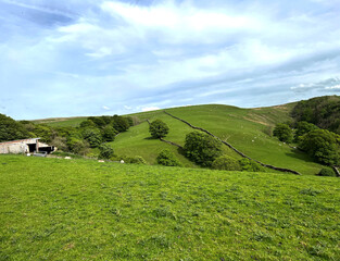 Obraz premium Rolling landscape, with farm buildings, trees, and a cloudy sky near, Stainforth, Settle, UK