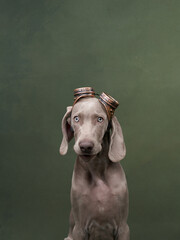 weimaraner puppy in steampunk goggles. Funny dog in the studio