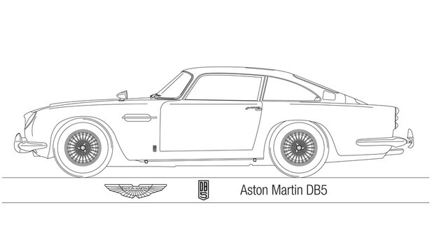 Aston Martin DB5 vintage car, 1963, silhouette outlined, illustration
