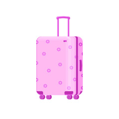 Pink luggage with flowers for a girl for travel in vector cartoon style. Tourism case for airplanes. Travel bag with wheels. Light pink Suitcase.