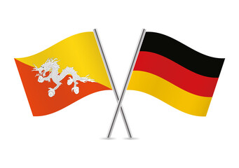 The Kingdom of Bhutan and Germany crossed flags. Bhutanese and German flags on white background. Vector icon set. Vector illustration.