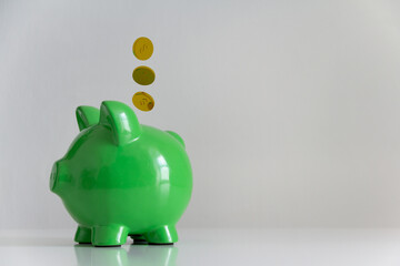 green piggy bank with golden coins, savings concept. copy space.