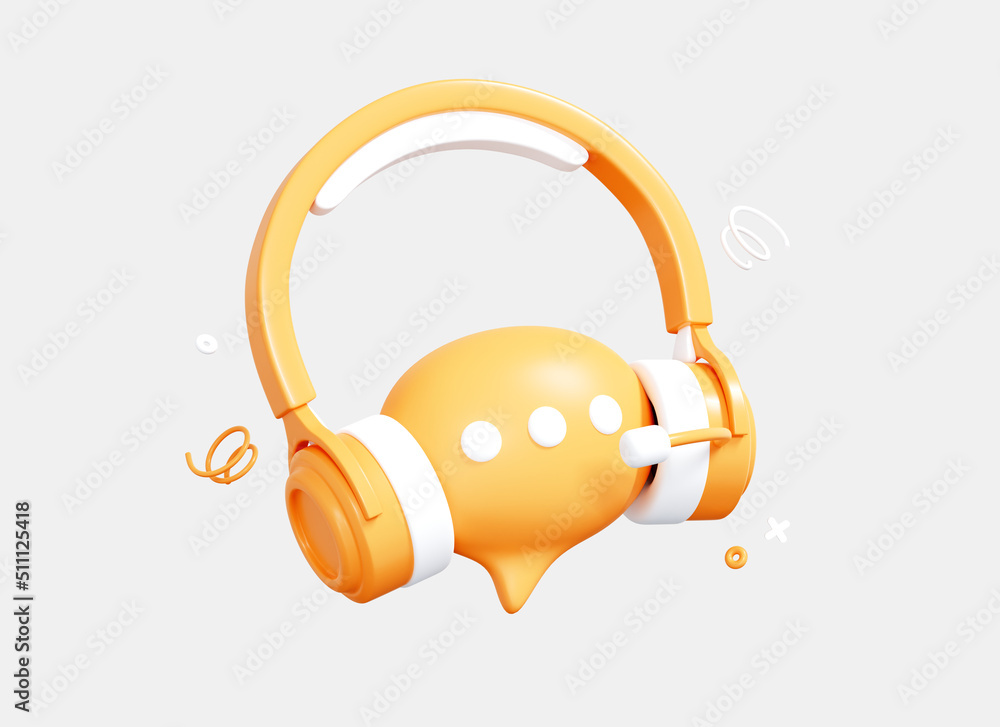 Poster 3d hotline support service with headphones. call center concept. online user consultation. chatbot f
