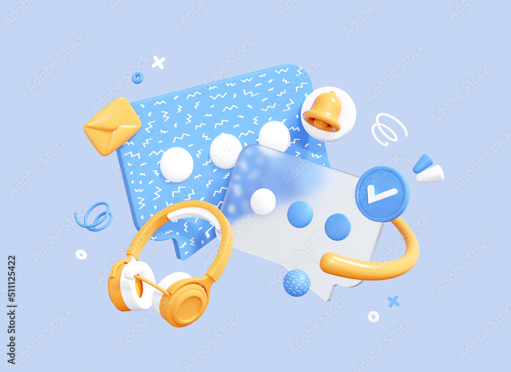 Poster 3d contact service support. speech bubble message with headphones. social media faq concept. chatbot