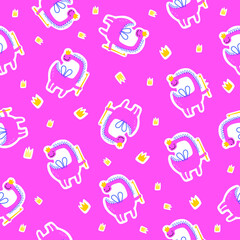 Obraz premium Pattern. Cute cartoon lady dinosaur with toothbrush, crown, wings. Painting with crowns in the form of spots. Flat style. Stickers, merch, advertising sticker for brushing teeth.