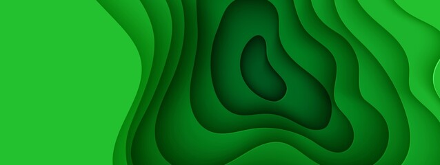 Abstract green background in paper cut style. 3d layout wallpaper cut out from cardboard. Modern template with abstract curve shapes. Vector environmental card with papercut waves for business poster.