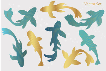 Set of koi carps in line art style. fish silhouette.