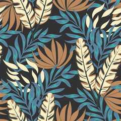 Abstract seamless tropical pattern with bright plants and leaves on a gray background. Modern abstract design for fabric, paper, interior decor. Vector design. Jungle print. Floral background. 