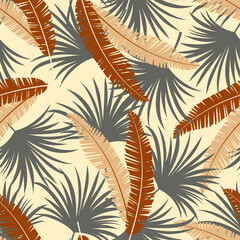 Fototapeta na wymiar Abstract seamless tropical pattern with bright plants and leaves on a yellow background. Tropical botanical. Modern abstract design for fabric, paper, interior decor.