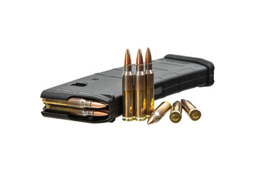 Cartridges and clips for a rifle or carbine. Ammunition for weapons. Isolate on a white back.
