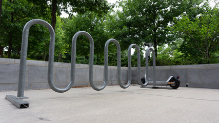 A bike rack near the building