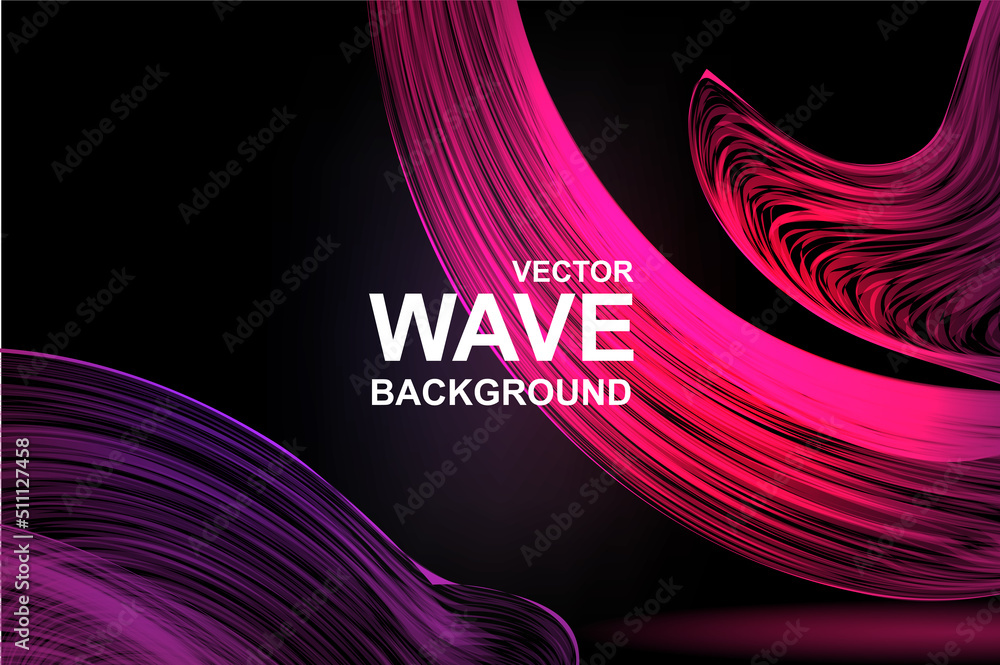Leinwandbilder Abstract wave background. Wallpaper with flowing smooth fractal lines on dark backdrop. Elegant banner design with curved stripes with purple and pink colors and glowing effect. Vector illustration