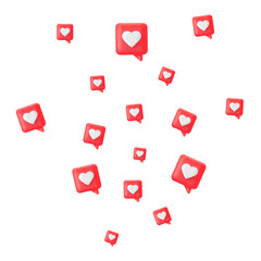 Like 3d icon set. Social media render bubble with heart. Love element. Comment button. Share tag. Notice people. Chat text. Speech communicate. Notification label. Emoji reaction.Vector illustration