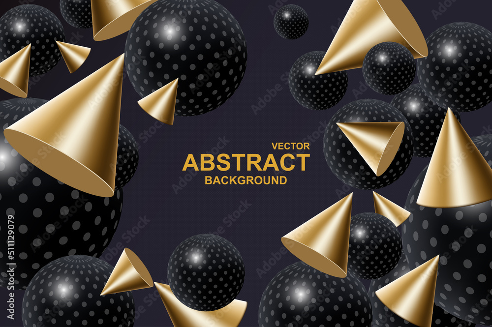 Poster abstract 3d realistic background with dynamic spheres. falling black balls with dots print and golde
