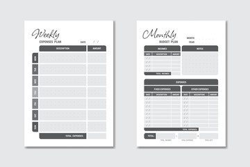 Modern classic minimalistic monthly and weekly financial planners set. Budget management. Total of income and expenses. Vector illustration.