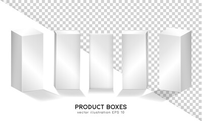 Set of three dimensional white boxes in front and isometric view. Vector mockup of rectangular cardboard containers for product presentation. Plastic blank containers, shipping cases, cubes template