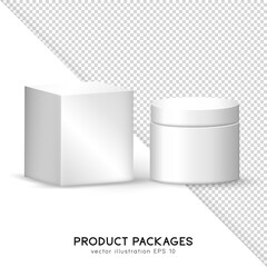 Mockup with two realistic white matte containers for product presentation. Square and cylindrical packages. 3D blank paper box and cylinder tube template for your design. Cream jar with packaging